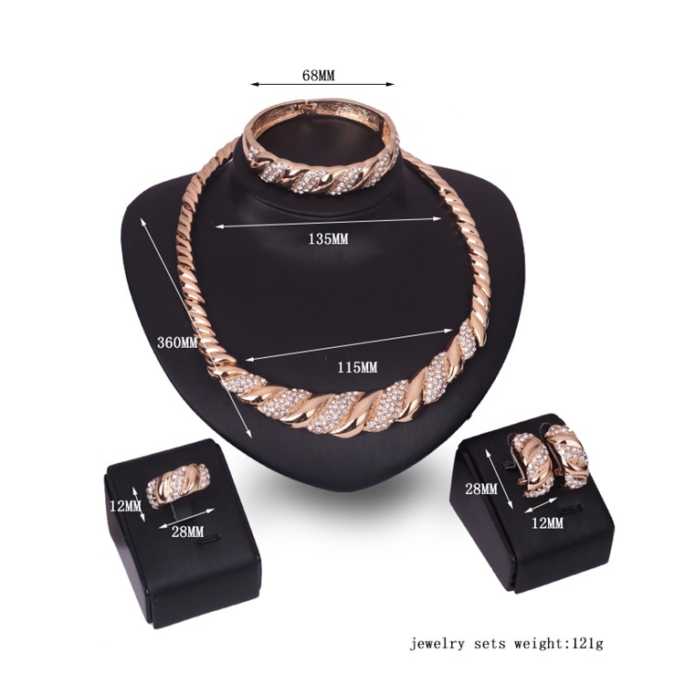 Women's Gold Plated Necklace Ring Earrings Bracelet Jewelry Set for Wedding-3