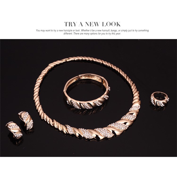 Women's Gold Plated Necklace Ring Earrings Bracelet Jewelry Set for Wedding-4