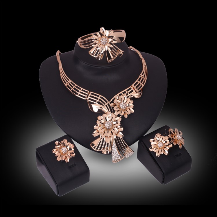 Flower Pattern Gold Plated Necklace Ring Earrings Bracelet Fashion Jewelry Set-1