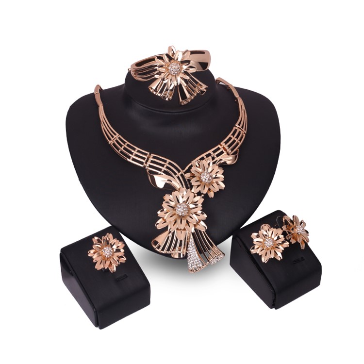 Flower Pattern Gold Plated Necklace Ring Earrings Bracelet Fashion Jewelry Set-2