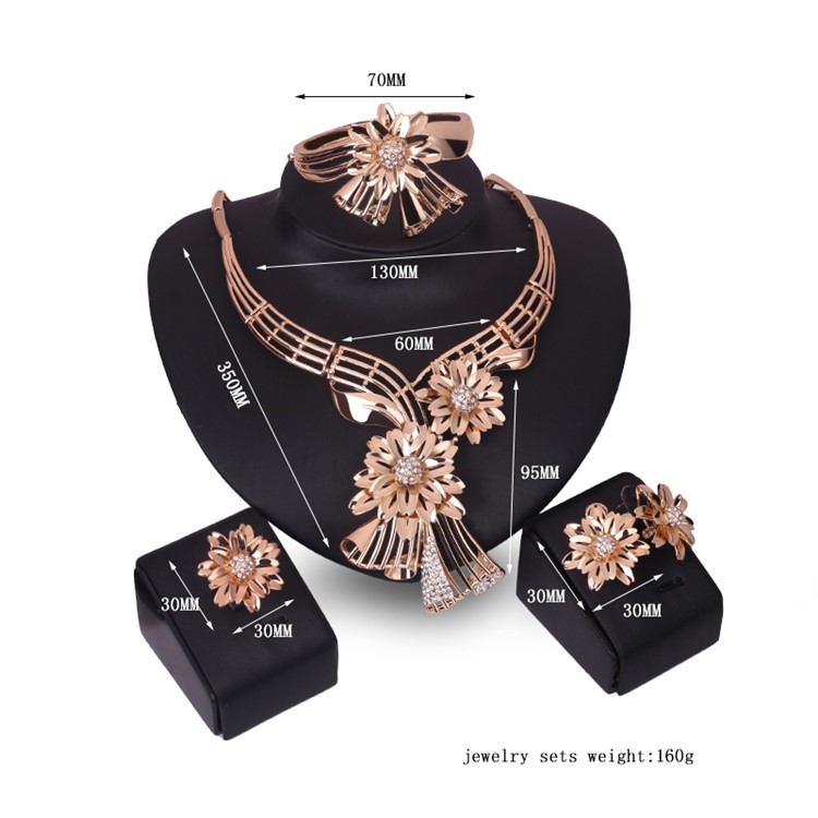 Flower Pattern Gold Plated Necklace Ring Earrings Bracelet Fashion Jewelry Set-3
