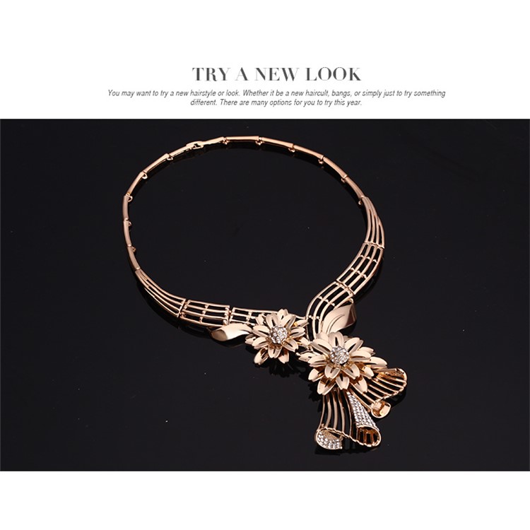 Flower Pattern Gold Plated Necklace Ring Earrings Bracelet Fashion Jewelry Set-5