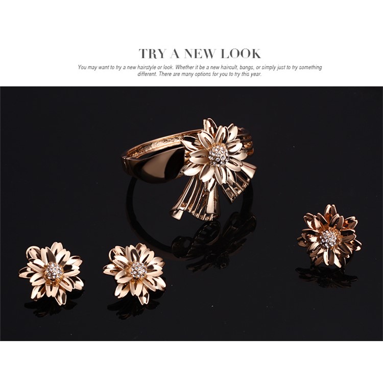 Flower Pattern Gold Plated Necklace Ring Earrings Bracelet Fashion Jewelry Set-7
