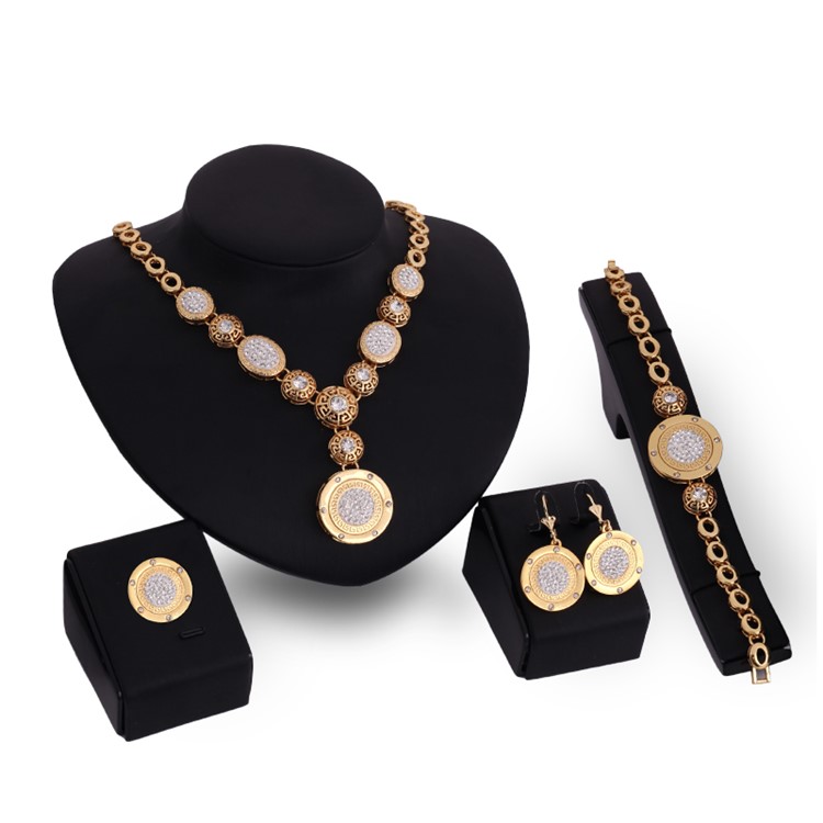 Gold Plated Fashion Necklace Ring Earrings Bracelet Jewelry Set for Wedding-1
