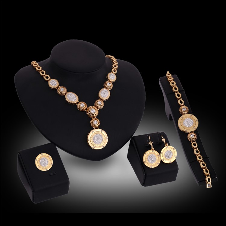 Gold Plated Fashion Necklace Ring Earrings Bracelet Jewelry Set for Wedding-2
