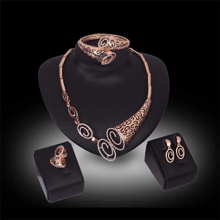 Gold Plated Women Wedding Earrings Bracelet Ring Necklace Jewelry Charm Set-2