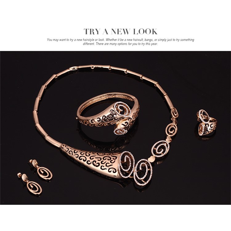 Gold Plated Women Wedding Earrings Bracelet Ring Necklace Jewelry Charm Set-4