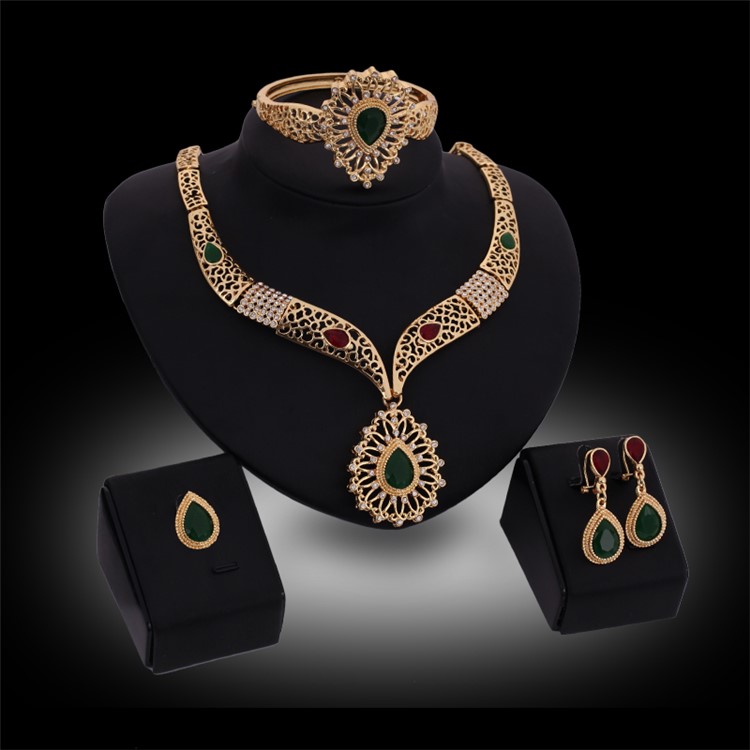 Gold Plated Women Bride Earrings Bracelet Ring Necklace Jewelry Set for Wedding-1