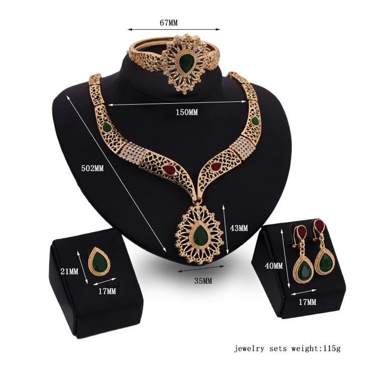 Gold Plated Women Bride Earrings Bracelet Ring Necklace Jewelry Set for Wedding-3