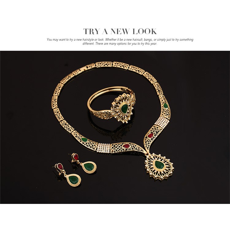 Gold Plated Women Bride Earrings Bracelet Ring Necklace Jewelry Set for Wedding-4
