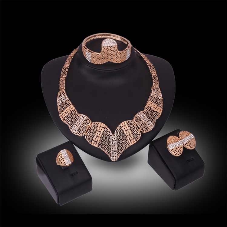 Gold Plated Women Earrings Bracelet Ring Necklace Jewelry Set for Wedding-1