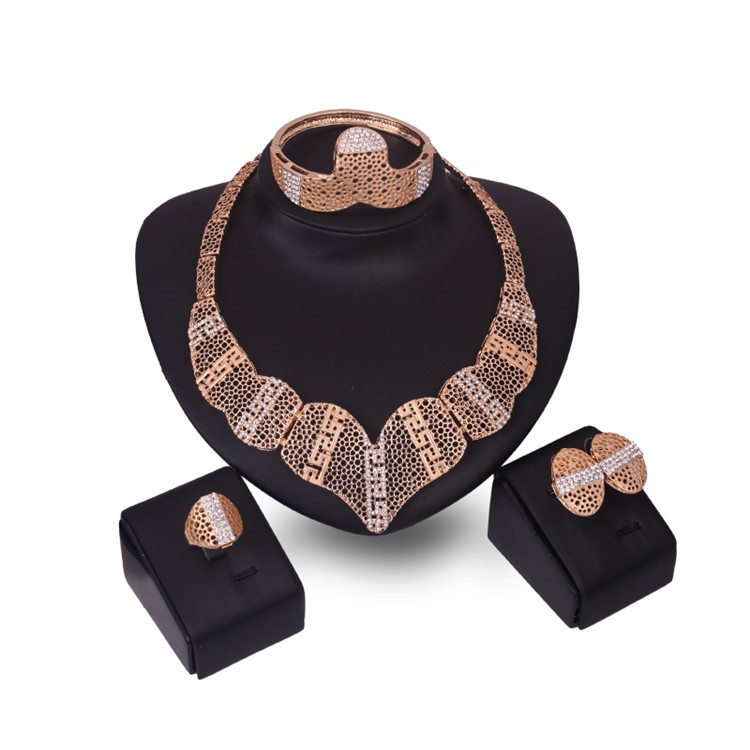 Gold Plated Women Earrings Bracelet Ring Necklace Jewelry Set for Wedding-2