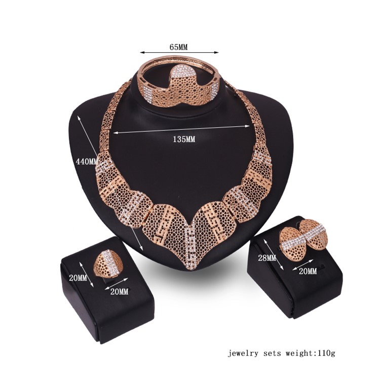 Gold Plated Women Earrings Bracelet Ring Necklace Jewelry Set for Wedding-3