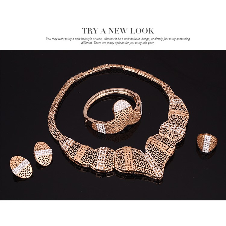 Gold Plated Women Earrings Bracelet Ring Necklace Jewelry Set for Wedding-4