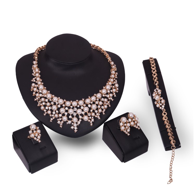 Gold Plated Pearl Fashion Bracelet Ring Necklace Earrings Wedding Jewelry Set-1
