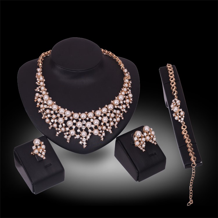Gold Plated Pearl Fashion Bracelet Ring Necklace Earrings Wedding Jewelry Set-2