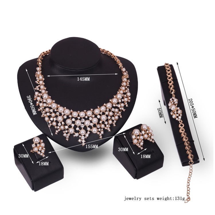 Gold Plated Pearl Fashion Bracelet Ring Necklace Earrings Wedding Jewelry Set-3