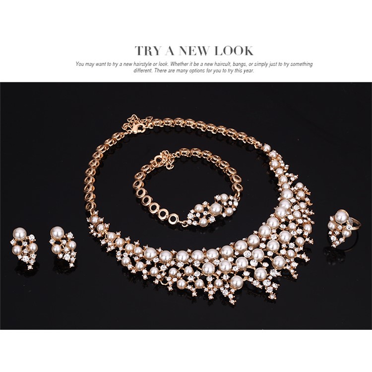 Gold Plated Pearl Fashion Bracelet Ring Necklace Earrings Wedding Jewelry Set-4