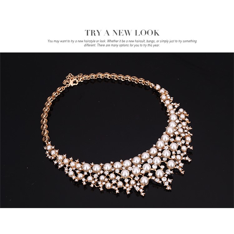 Gold Plated Pearl Fashion Bracelet Ring Necklace Earrings Wedding Jewelry Set-5