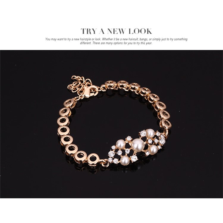 Gold Plated Pearl Fashion Bracelet Ring Necklace Earrings Wedding Jewelry Set-6