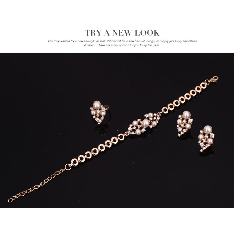 Gold Plated Pearl Fashion Bracelet Ring Necklace Earrings Wedding Jewelry Set-7