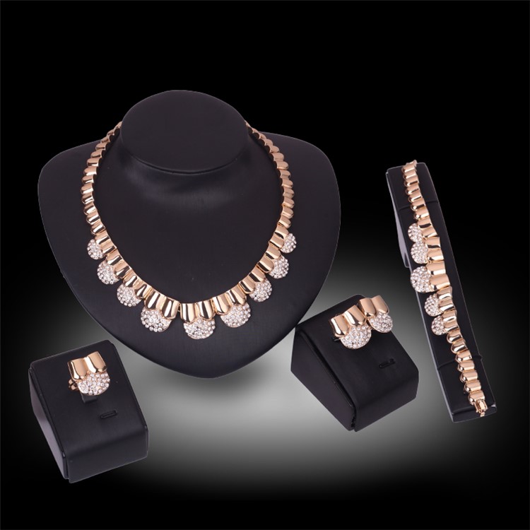 Gold Plated Women Bracelet Ring Necklace Earrings Wedding Jewelry Set-2