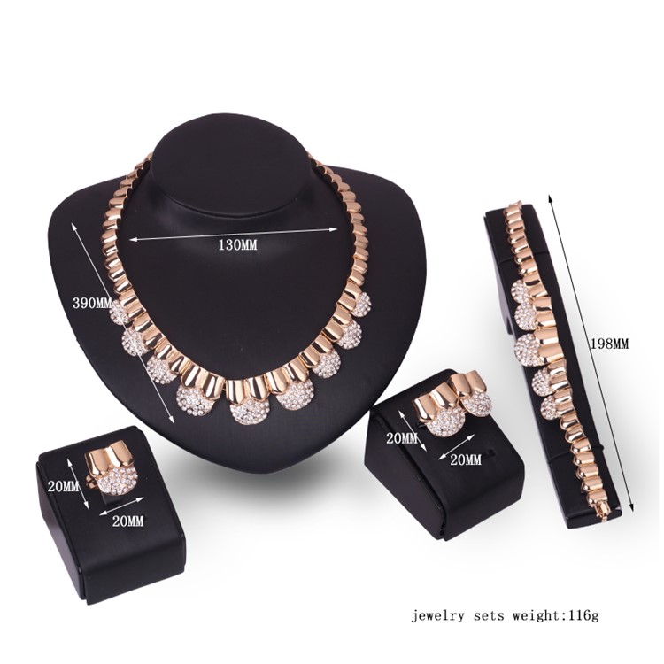 Gold Plated Women Bracelet Ring Necklace Earrings Wedding Jewelry Set-3