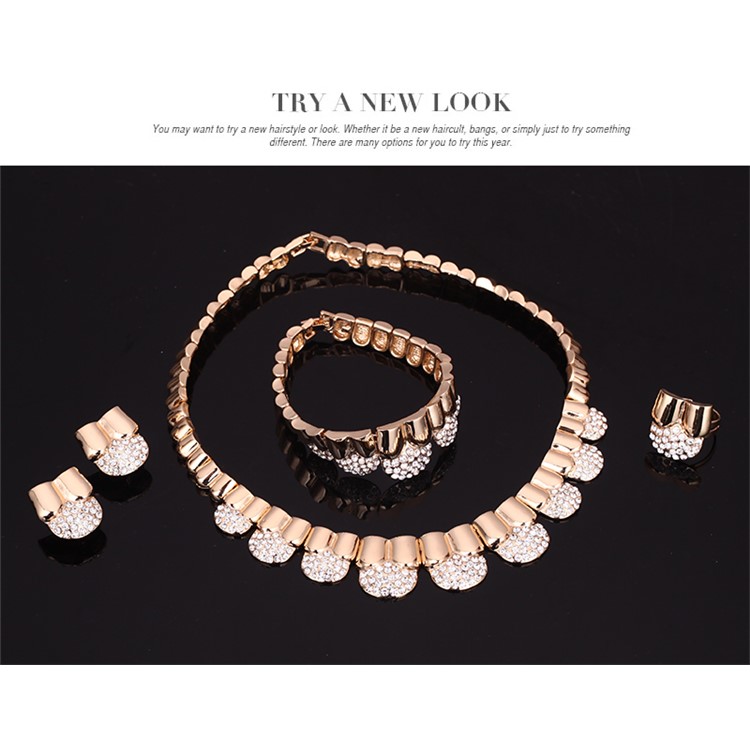Gold Plated Women Bracelet Ring Necklace Earrings Wedding Jewelry Set-4