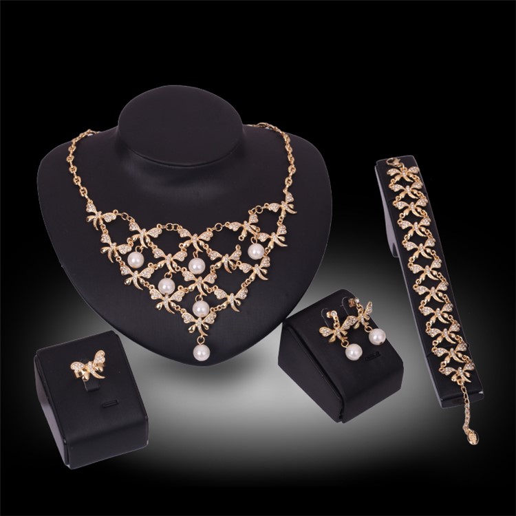 Dragonfly Pattern Gold Plated Pearl Bracelet Ring Necklace Earrings Jewelry Set-2