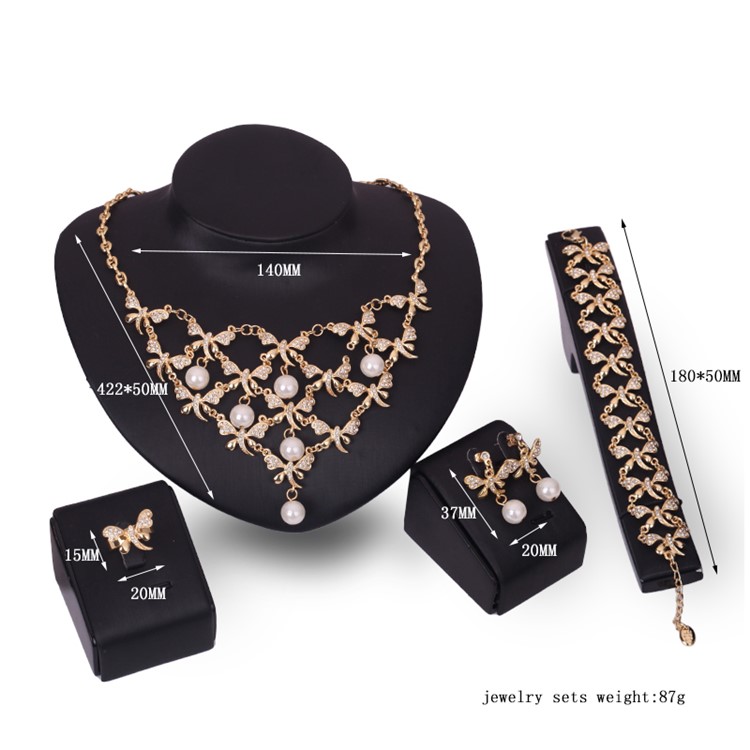 Dragonfly Pattern Gold Plated Pearl Bracelet Ring Necklace Earrings Jewelry Set-3