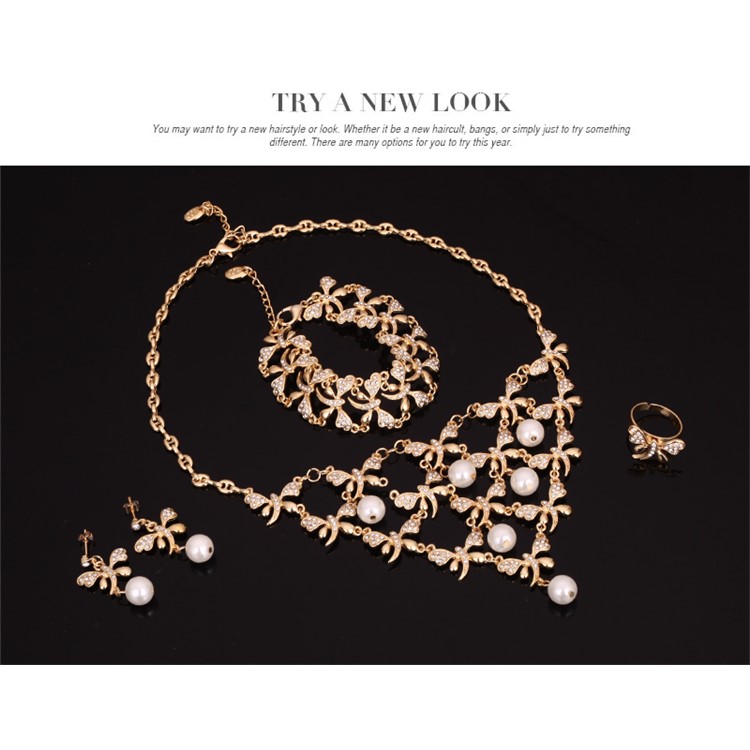Dragonfly Pattern Gold Plated Pearl Bracelet Ring Necklace Earrings Jewelry Set-4
