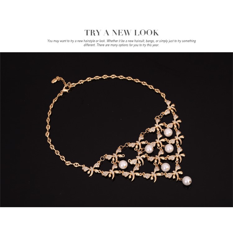 Dragonfly Pattern Gold Plated Pearl Bracelet Ring Necklace Earrings Jewelry Set-5