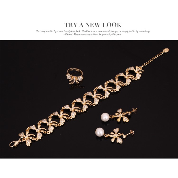 Dragonfly Pattern Gold Plated Pearl Bracelet Ring Necklace Earrings Jewelry Set-7