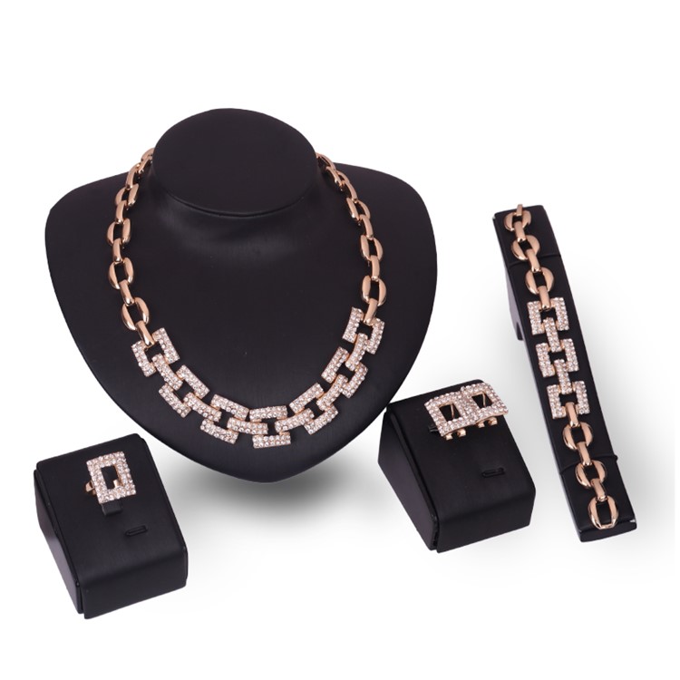 Geometric Pattern Gold Plated Women Bracelet Ring Necklace Earrings Jewelry Set-1