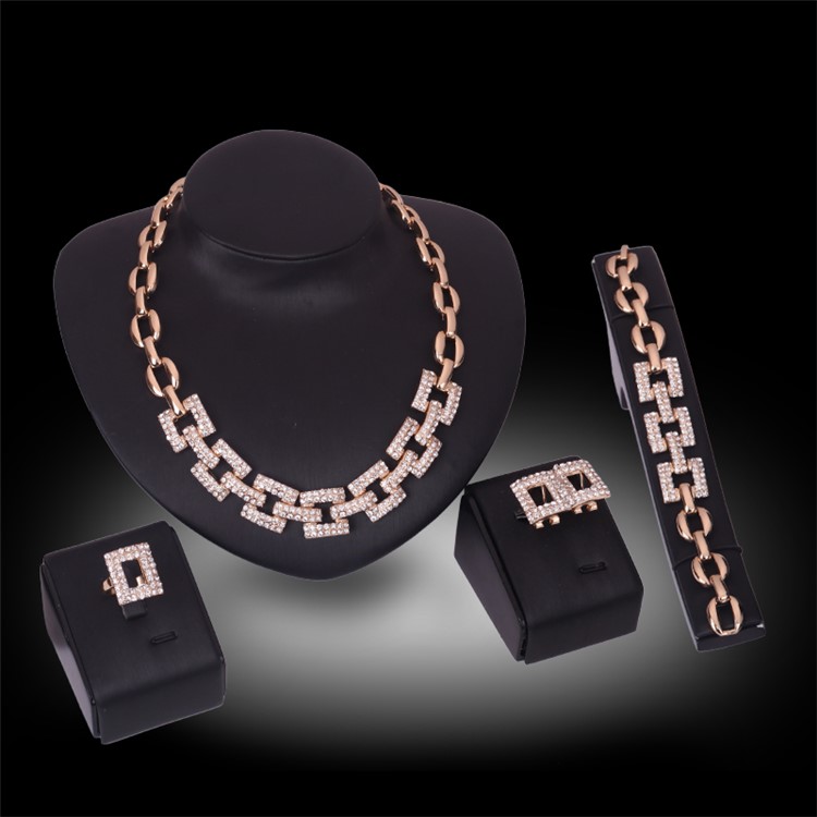 Geometric Pattern Gold Plated Women Bracelet Ring Necklace Earrings Jewelry Set-2