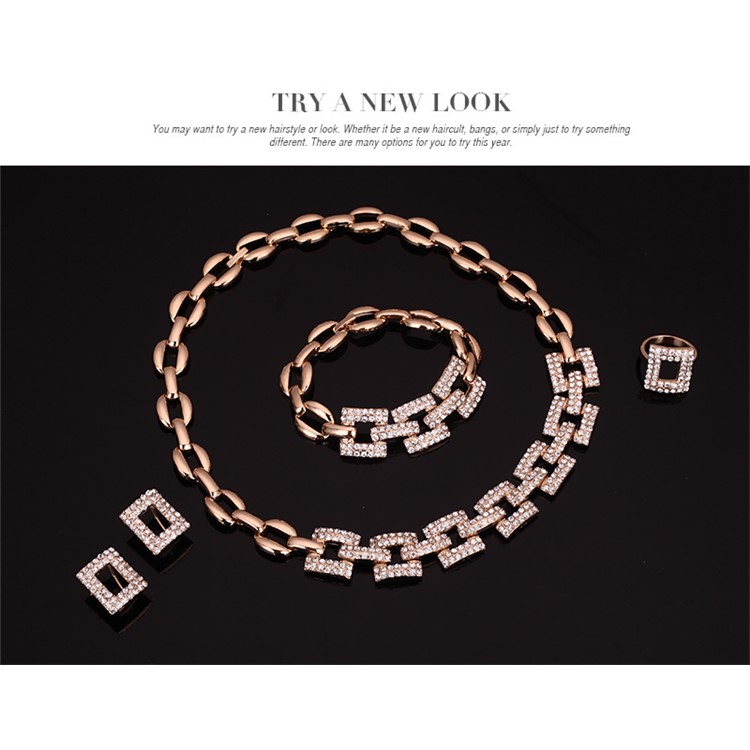 Geometric Pattern Gold Plated Women Bracelet Ring Necklace Earrings Jewelry Set-4
