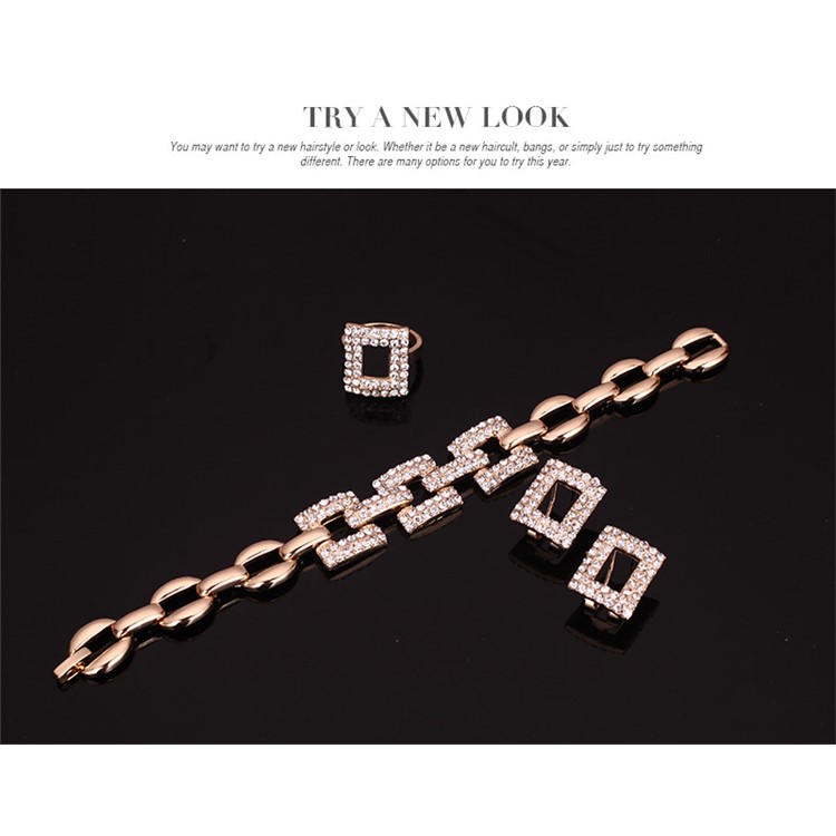 Geometric Pattern Gold Plated Women Bracelet Ring Necklace Earrings Jewelry Set-7