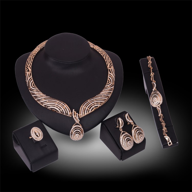 Stylish Gold Plated Jewelry Set Women Bracelet Ring Necklace Earrings Set-1