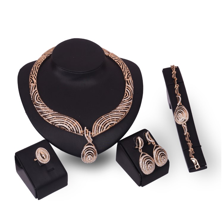 Stylish Gold Plated Jewelry Set Women Bracelet Ring Necklace Earrings Set-2