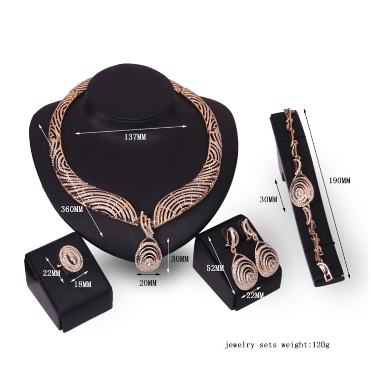 Stylish Gold Plated Jewelry Set Women Bracelet Ring Necklace Earrings Set-3