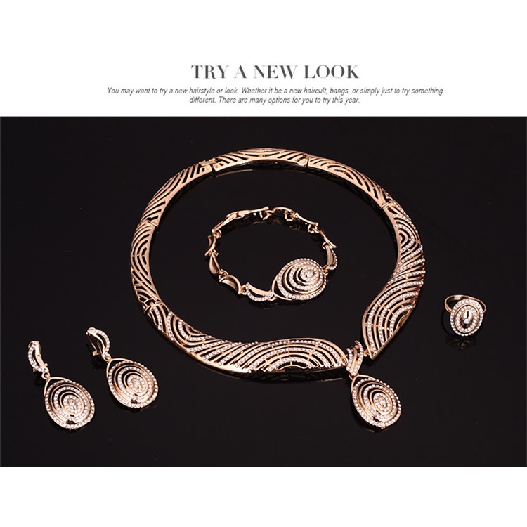 Stylish Gold Plated Jewelry Set Women Bracelet Ring Necklace Earrings Set-4