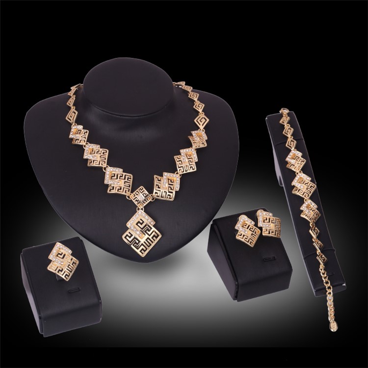 Gold Plated Women Fashion Bracelet Ring Necklace Earrings Jewelry Set-2
