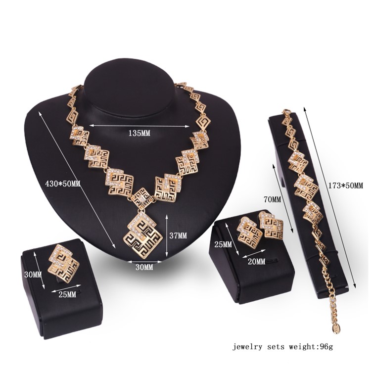 Gold Plated Women Fashion Bracelet Ring Necklace Earrings Jewelry Set-3