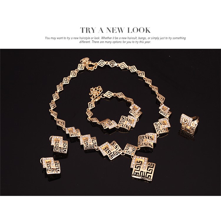 Gold Plated Women Fashion Bracelet Ring Necklace Earrings Jewelry Set-4