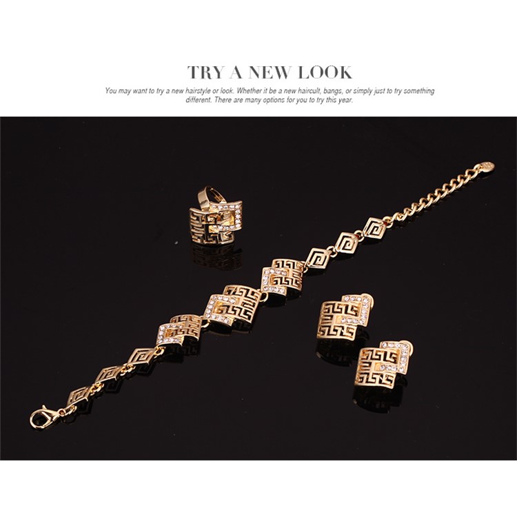 Gold Plated Women Fashion Bracelet Ring Necklace Earrings Jewelry Set-7