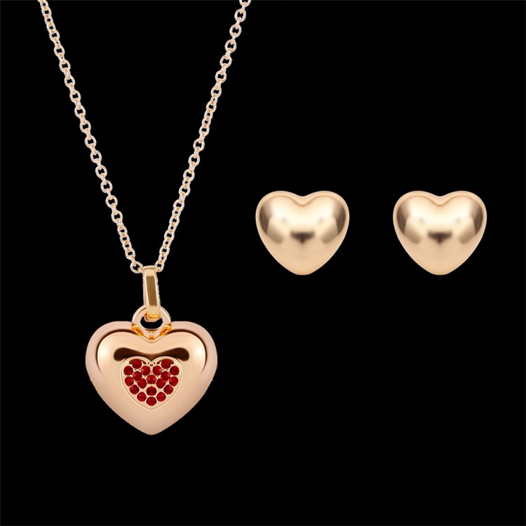 Gold Plated Heart Shape Red Diamond Pendant Necklace Earrings Set for Women - Style A-2