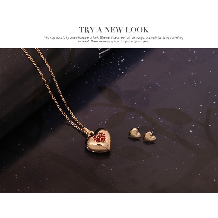 Gold Plated Heart Shape Red Diamond Pendant Necklace Earrings Set for Women - Style A-4