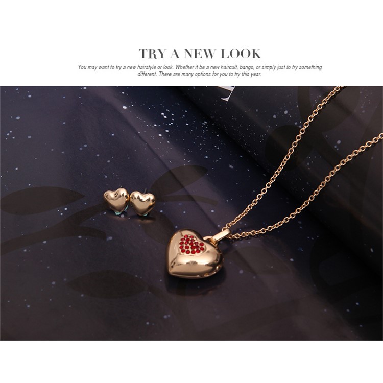 Gold Plated Heart Shape Red Diamond Pendant Necklace Earrings Set for Women - Style A-6