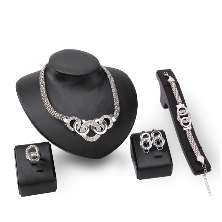 Silver Women Circle Ring Rhinestone Jewelry Set Including Necklace Bracelet Ring and Earrings-1