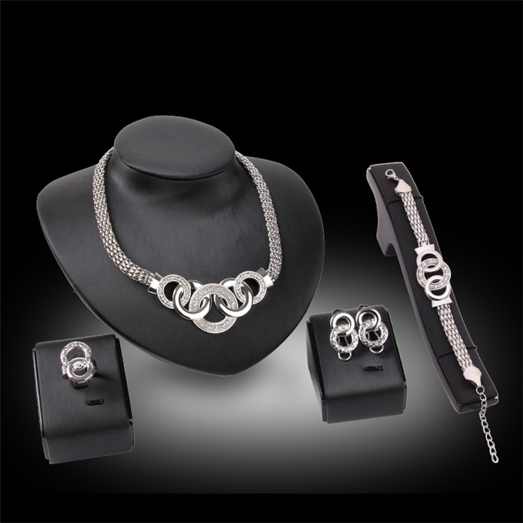 Silver Women Circle Ring Rhinestone Jewelry Set Including Necklace Bracelet Ring and Earrings-2